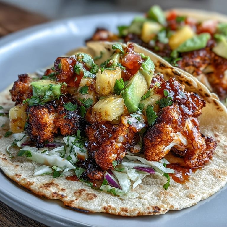 2. Crispy roasted cauliflower coated in tangy BBQ sauce, served in soft tortillas with zesty pineapple salsa and crunchy cabbage.