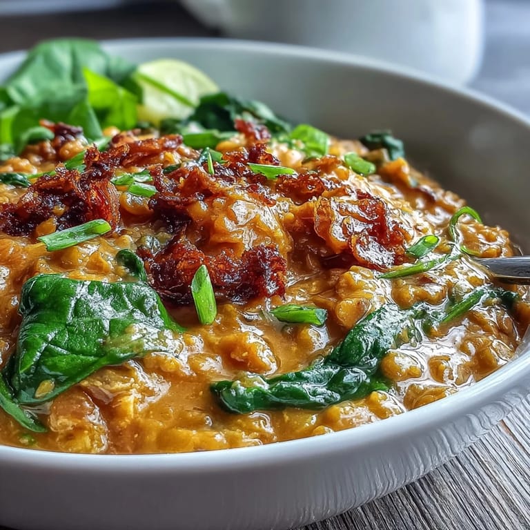 Warm, aromatic vegan coconut lentil dahl with vibrant spinach, garnished with chopped cilantro and a squeeze of fresh lime juice for brightness.
