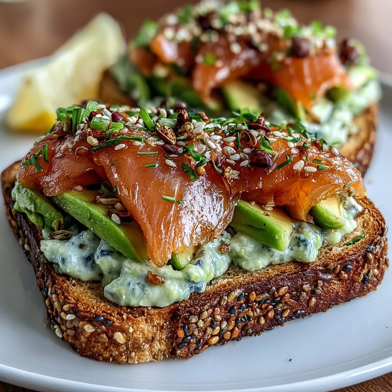 Golden toasted keto bread slices layered with rich avocado mash, silky smoked salmon, and a sprinkle of savory everything seasoning for a keto-friendly breakfast.