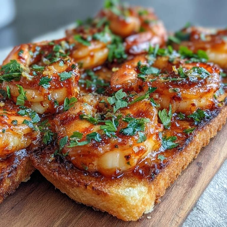 Golden-brown bread piled high with spicy shrimp sautéed in chili oil and fresh parsley, perfect for a quick meal.  