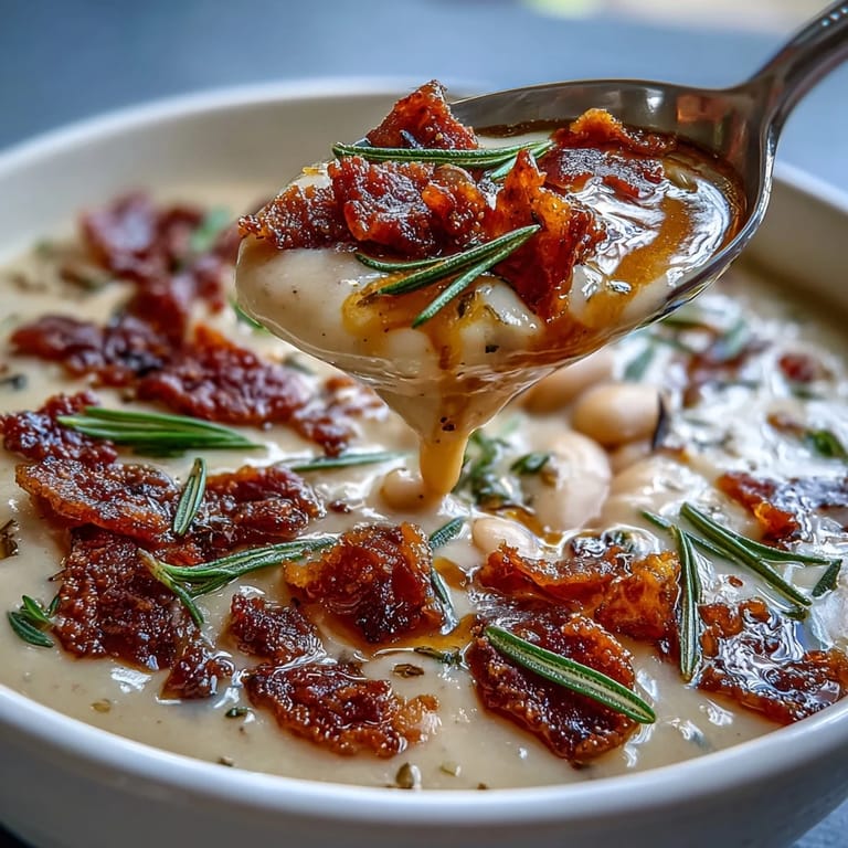 Velvety white bean soup featuring tender beans, crispy bacon, and aromatic rosemary, perfect for a cozy meal.
