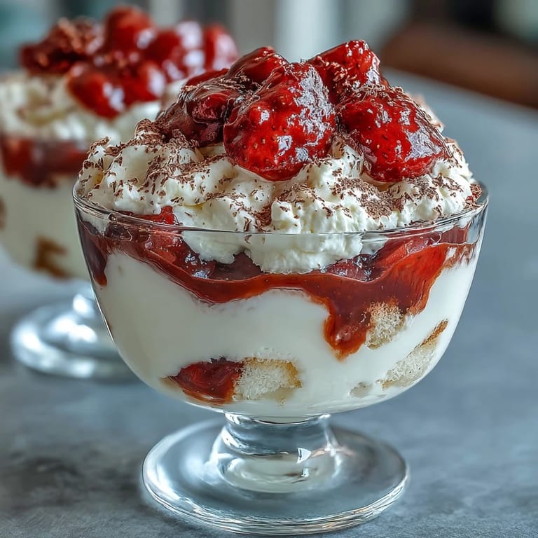 Decadent strawberry tiramisu cups showcasing coffee-dipped ladyfingers, velvety mascarpone cream, and juicy strawberries in glass servings.