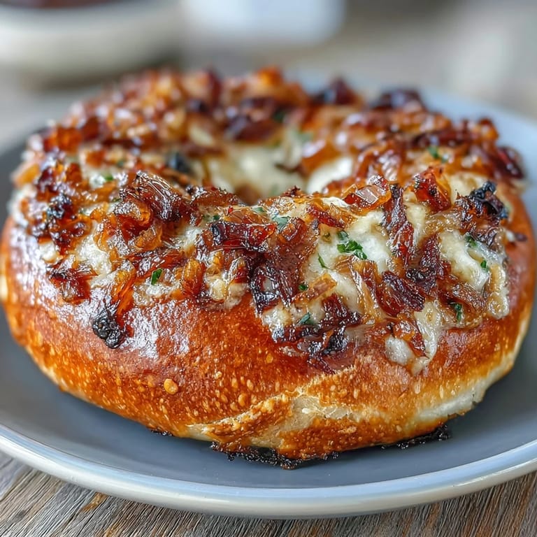 Golden-brown sourdough onion bagels topped with caramelized onions, offering a chewy texture and rich, savory taste.