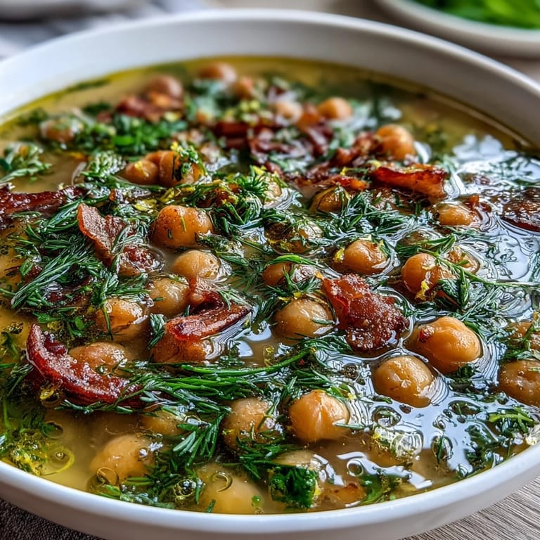 Bright and comforting ham and chickpea soup, garnished with fresh dill and a lemon wedge.
