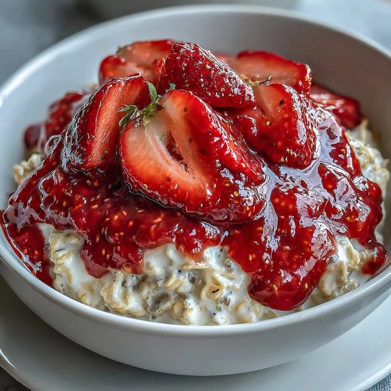 Creamy overnight oats layered with homemade strawberry chia jam for a naturally sweet, energizing start.  