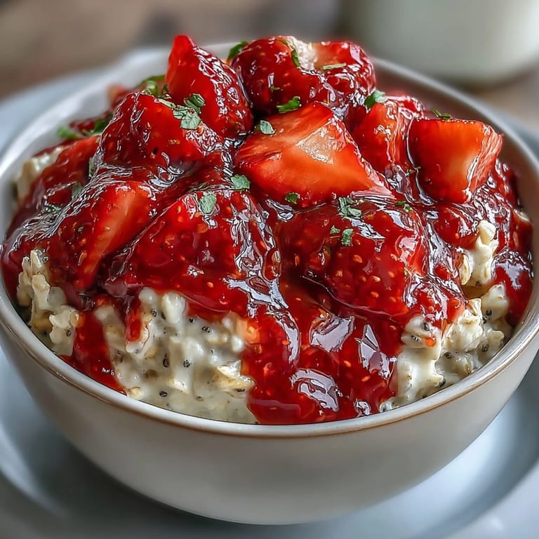Rich, creamy oats swirled with bright strawberry chia jam and crunchy nuts for a satisfying morning meal.