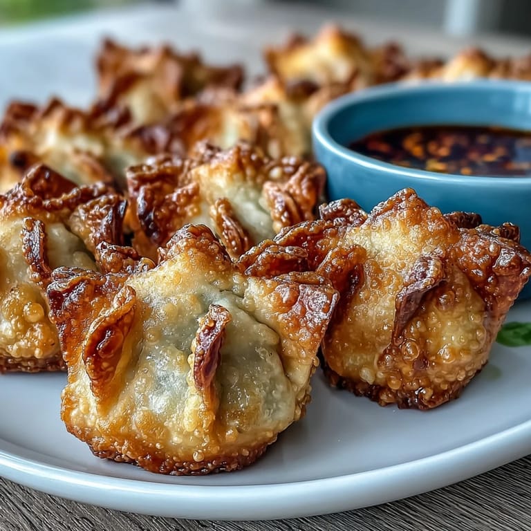 Golden pork dumplings with savory filling, air-fried to perfection and paired with vibrant chili oil.  