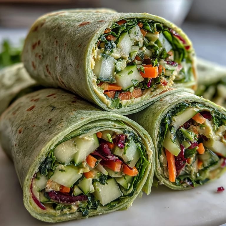 Colorful vegetarian wraps featuring creamy hummus, crunchy vegetables, and spinach tortillas, perfect for a quick lunch or light dinner.  