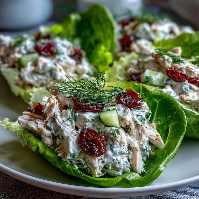 Healthy Greek yogurt chicken salad lettuce wraps garnished with herbs and served in butter lettuce leaves.