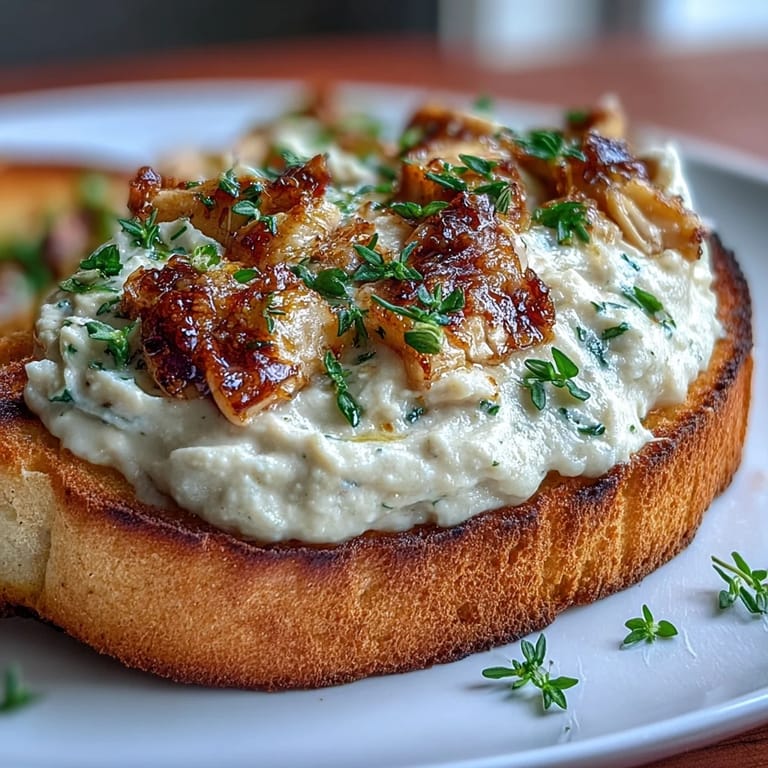 Smooth white bean and roasted garlic spread spread on toasted sourdough, perfect for a flavorful vegetarian snack or brunch dish.