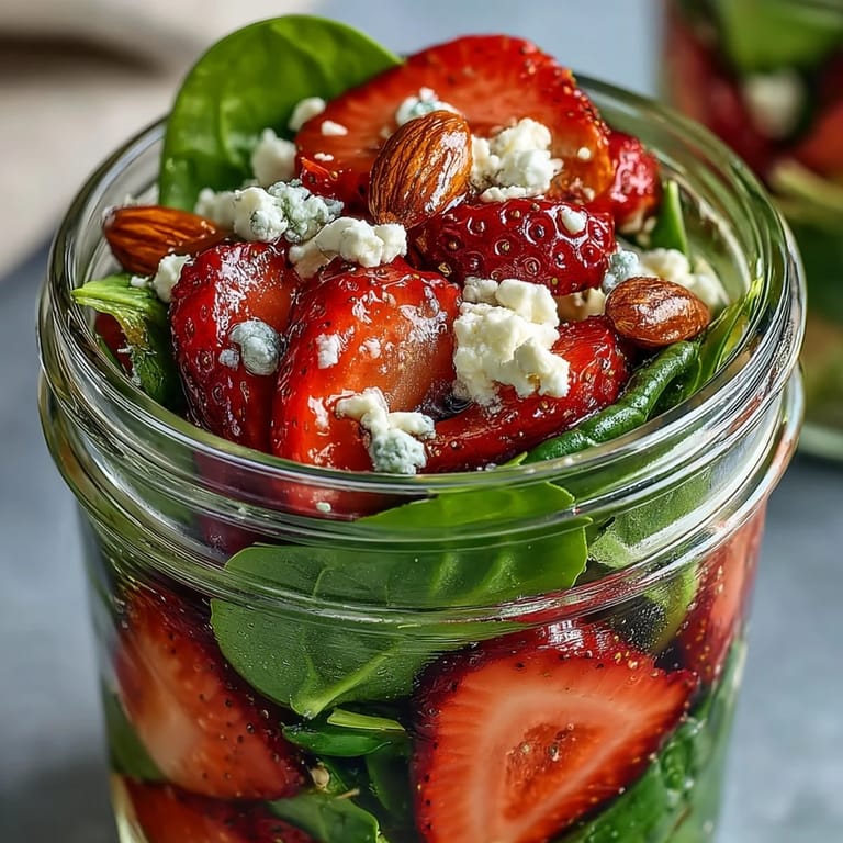 Vibrant mason jar salad featuring sweet strawberries, baby spinach, feta cheese, and toasted almonds, drizzled with tangy balsamic dressing — a perfect portable meal.