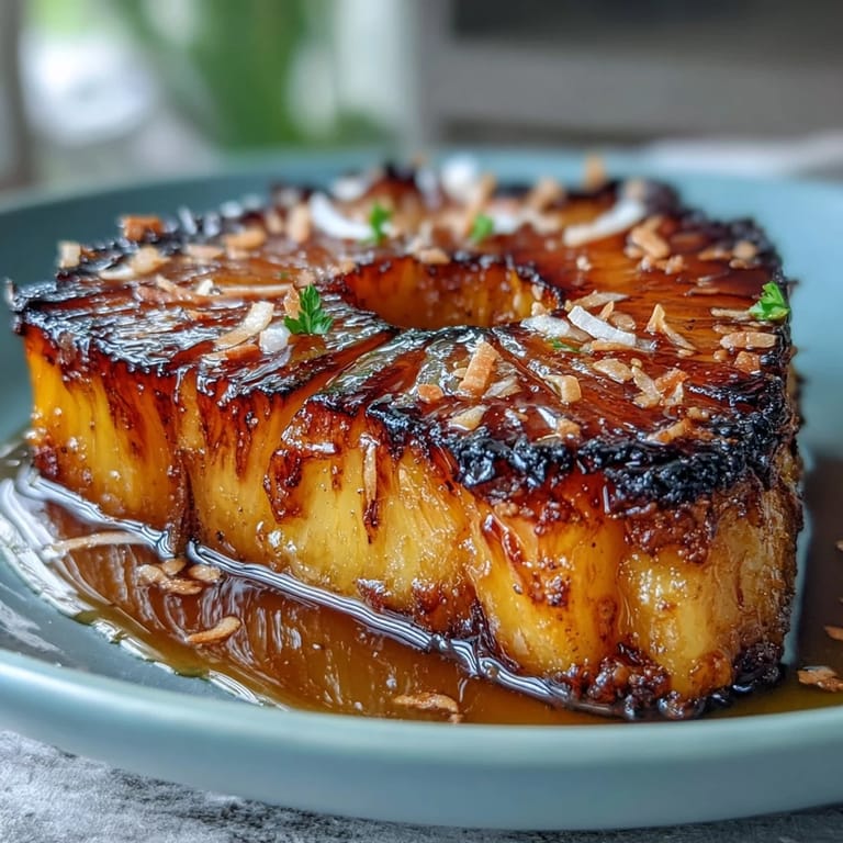 Sweet honey-lime roasted pineapple, edges caramelized and golden, finished with a sprinkle of crunchy toasted coconut flakes.