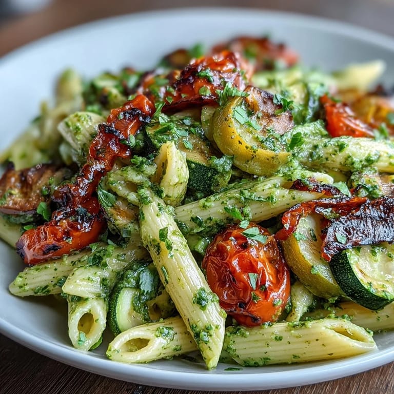 Colorful roasted vegetables and cherry tomatoes tossed with al dente pasta and vibrant pesto for a satisfying vegetarian dinner.