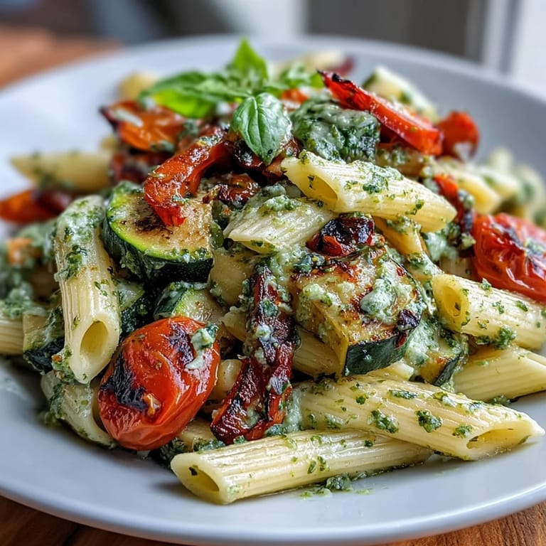 Golden roasted zucchini, bell peppers, and sweet cherry tomatoes mixed with pasta and basil pesto, topped with Parmesan.