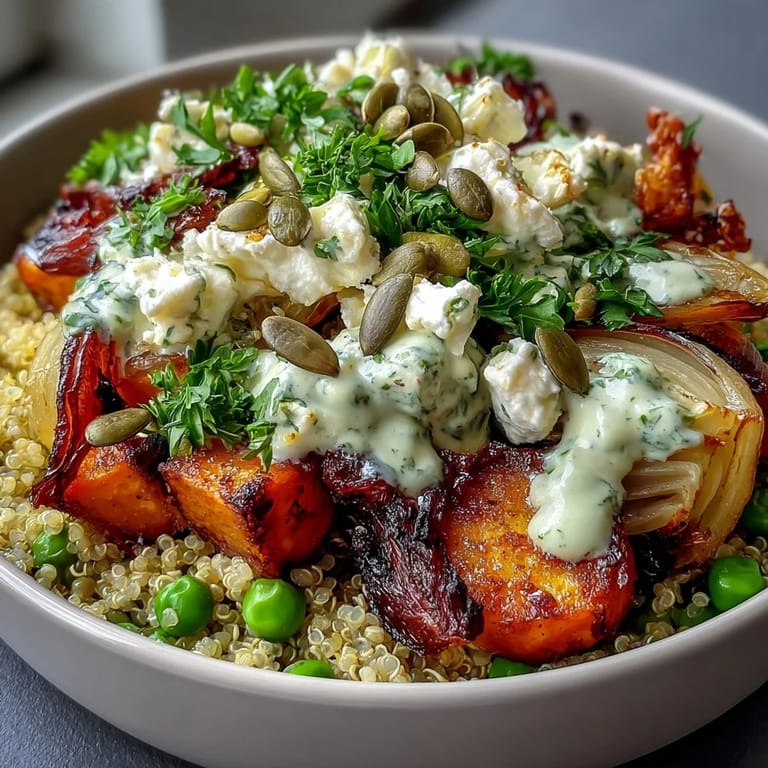 Nutty quinoa topped with caramelized roasted carrots, vibrant green peas, and a zesty lemon-Dijon dressing in a wholesome bowl.