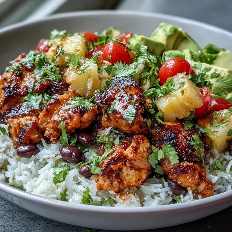 Coconut rice and spiced chicken come together in vibrant taco bowls, garnished with juicy pineapple salsa and creamy avocado slices.  