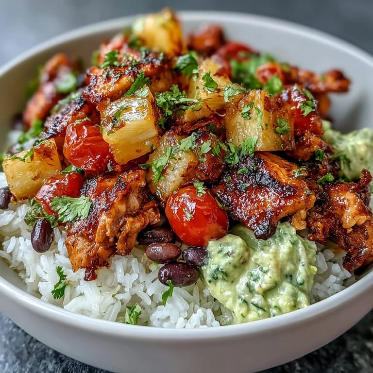 Easy Chicken Pineapple Taco Bowls with Coconut Rice, featuring tender chicken, sweet pineapple salsa, and fresh veggies in every bite.