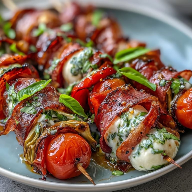 Savory Italian sub skewers stacked with cured meats, mozzarella, olives, and artichokes, served with rich, garlicky homemade aioli.