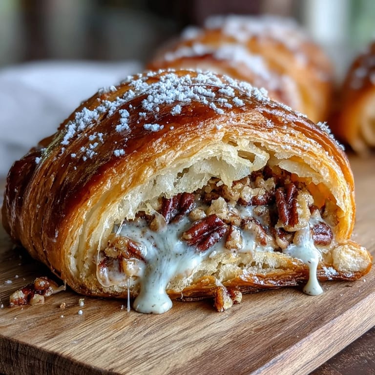 Flaky King Cake-inspired croissants filled with rich pecan cream and decorated with purple, green, and gold sugars.  