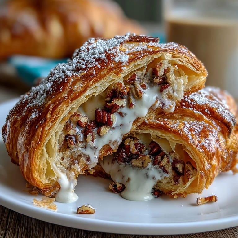 Warm stuffed croissants oozing with cinnamon-spiced pecan filling, topped with vanilla icing and traditional King Cake colors.