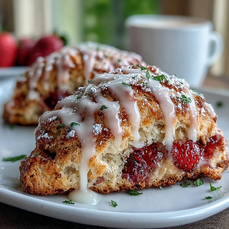 Buttery scones filled with ripe strawberries, drizzled with zesty lemon glaze and served alongside a medley of fresh berries.  