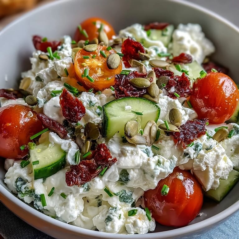 Creamy cottage cheese topped with cherry tomatoes, cucumber, and red bell pepper, garnished with chives and a sprinkle of smoked paprika.
