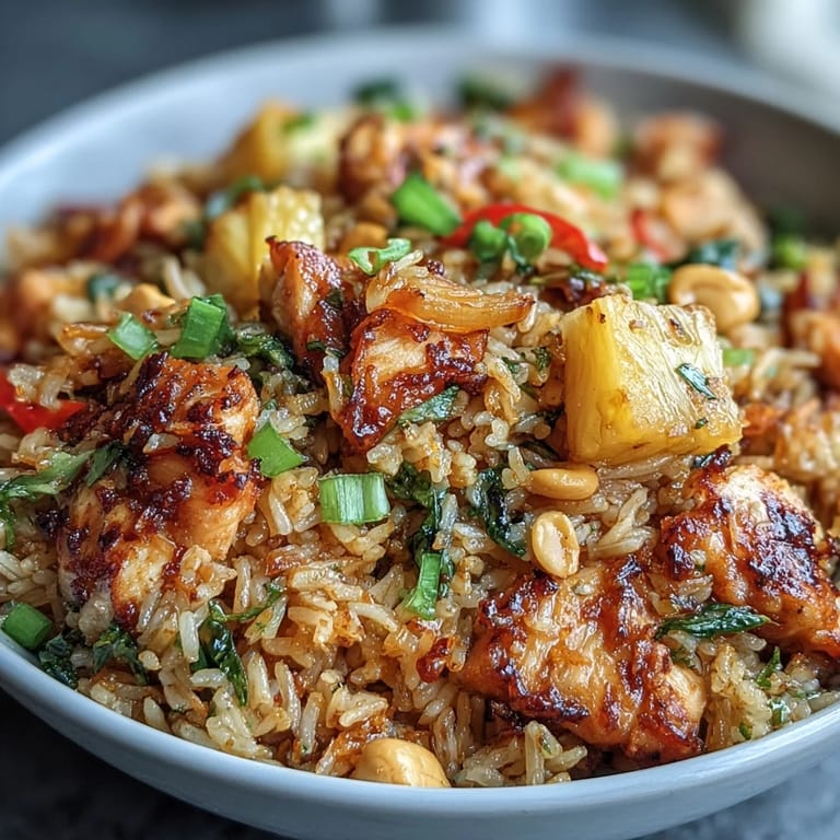 A vibrant bowl of Hawaiian pineapple chicken fried rice, topped with green onions and roasted cashews for crunch.