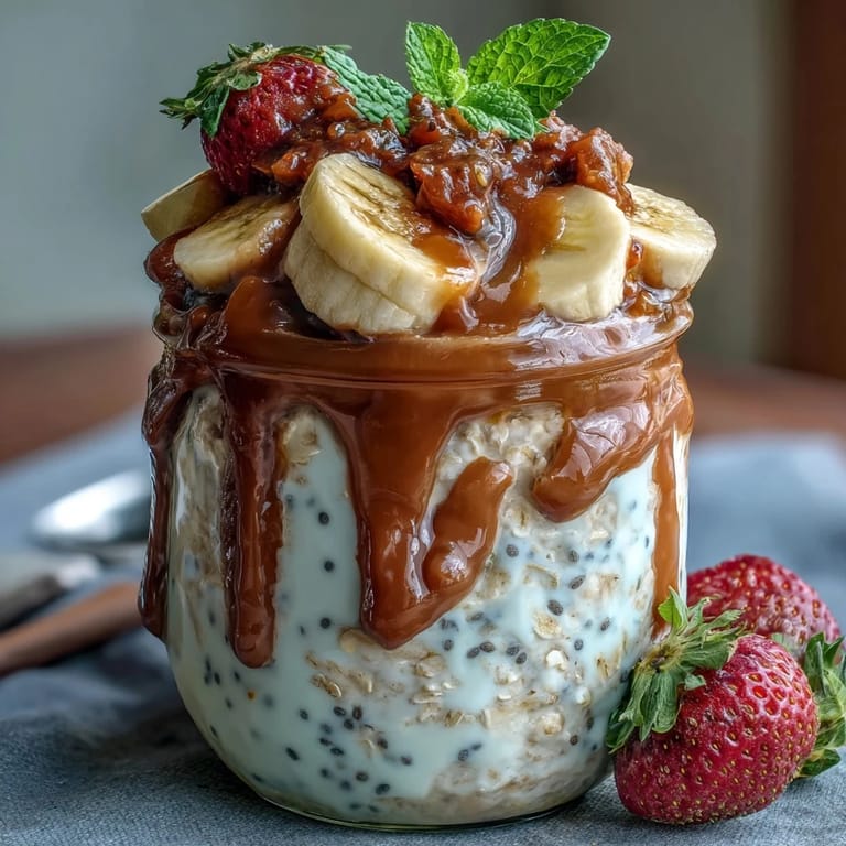 Layered overnight oats with ripe strawberries, banana, and chia seeds, garnished with extra fruit for a vibrant and nutritious morning meal.