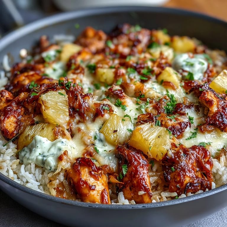 Pineapple Chicken and Rice Casserole featuring tender chicken, sweet pineapple, and melted cheddar cheese.  
