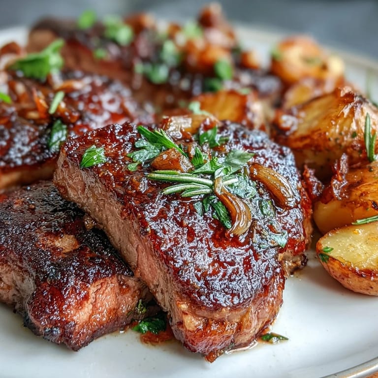 Savory steak bites and crispy baby potatoes are tossed together in a cast-iron pan, glistening with garlic butter and fresh herbs for a hearty main dish.