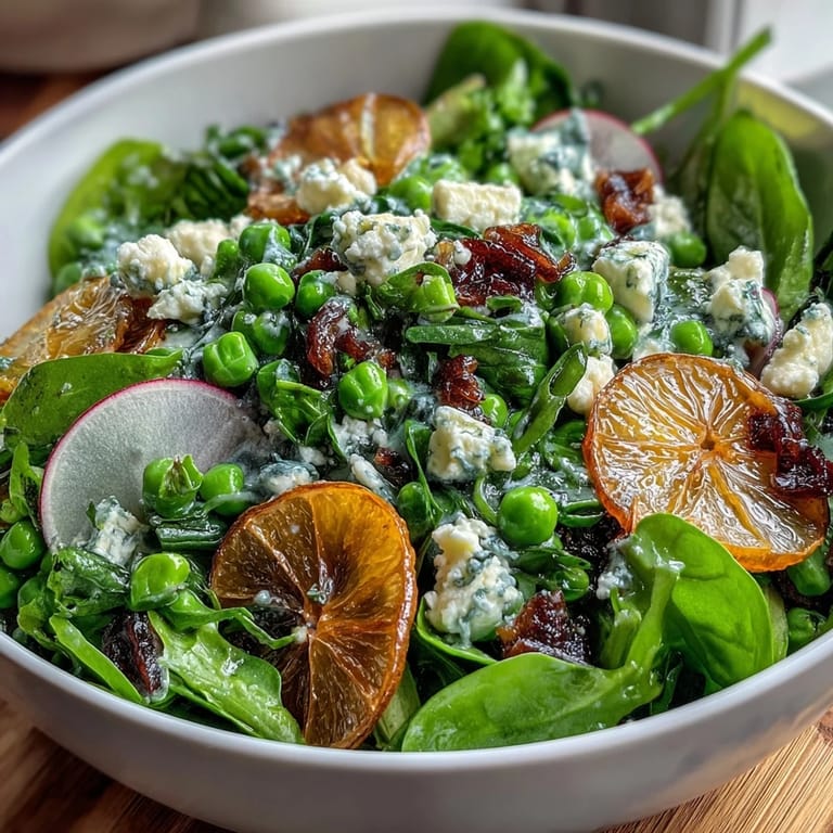 Bright lemon vinaigrette drizzled over tender greens, crunchy radishes, and fresh peas for a refreshing, colorful salad.