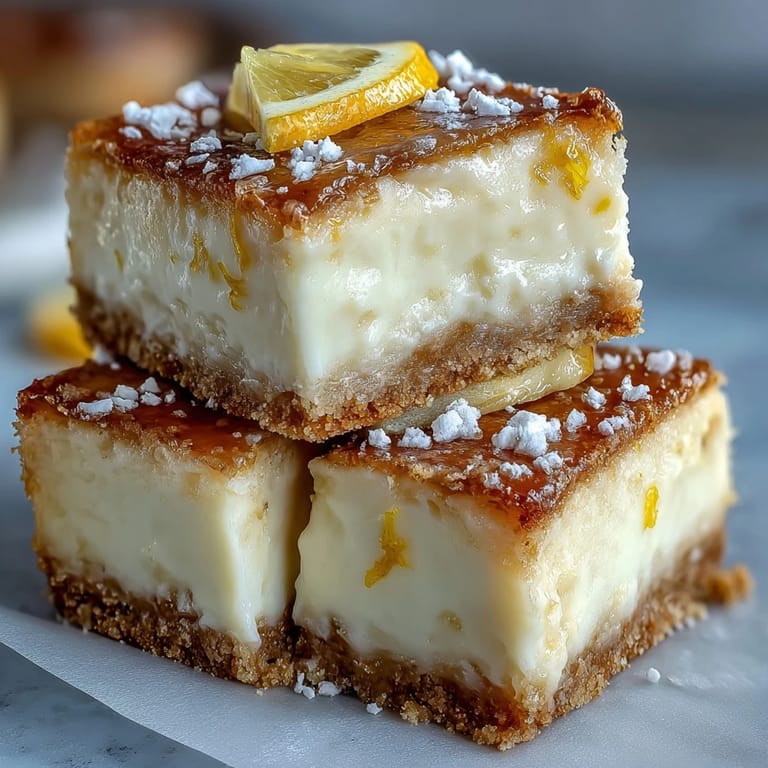 Zesty limoncello cheesecake bars featuring smooth cream cheese filling and golden graham cracker base, garnished with lemon zest.  
