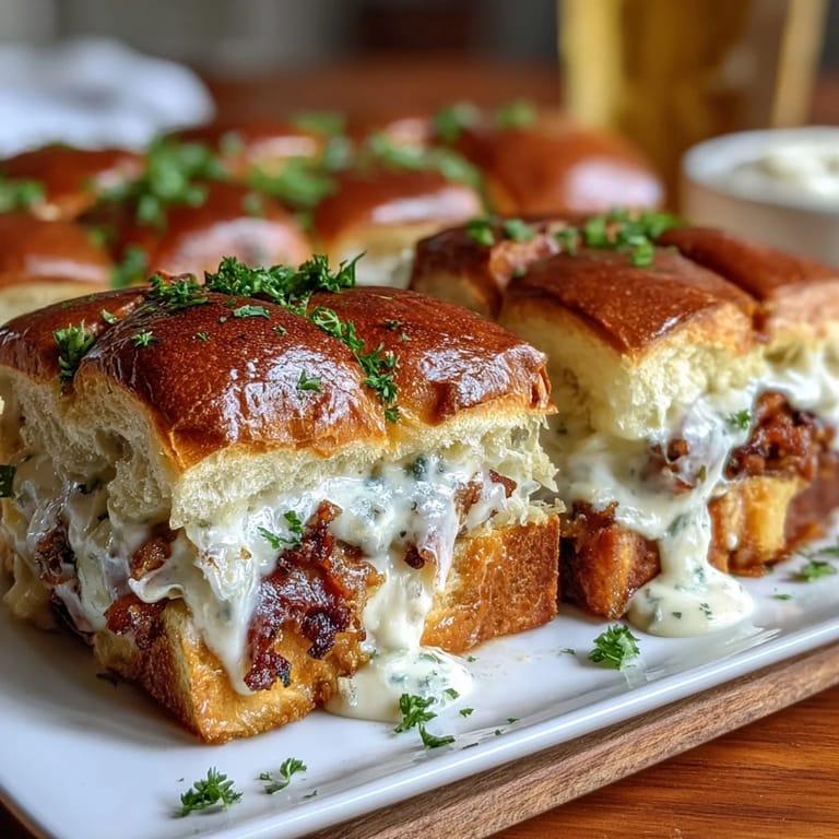 Miniature Kentucky Hot Brown sandwiches baked to perfection, featuring melted Gruyère Mornay, juicy tomato, and savory bacon on soft brioche sliders.  