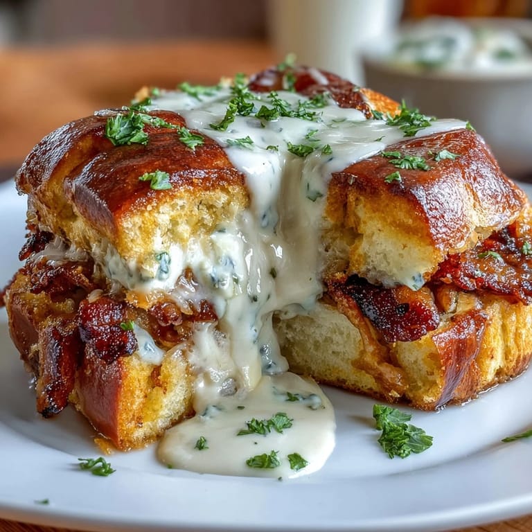 Warm Hot Brown sliders layered with roasted turkey, rich cheese sauce, and bacon, topped with Parmesan and served on golden brioche buns.