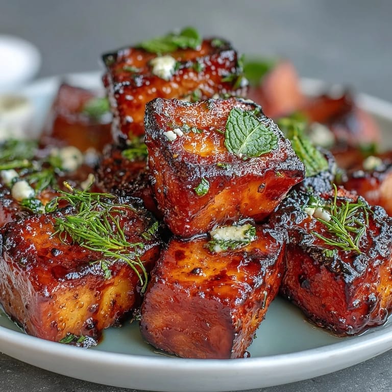 Sweet and smoky grilled watermelon cubes topped with crumbled feta, mint leaves, and a balsamic drizzle for a summer salad.