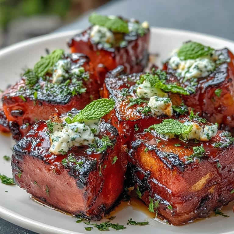 A colorful Mediterranean salad of grilled watermelon, feta, red onion, and mint, perfect for barbecues or light lunches.