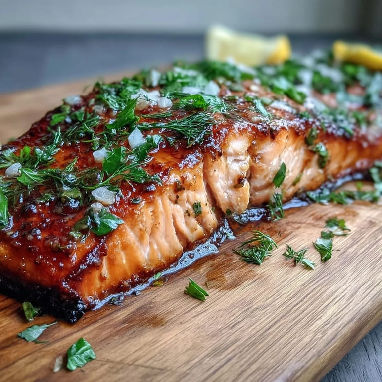 Cedar Plank Salmon with Lemon Dill, tender and moist, served with grilled lemon slices and fragrant dill sprigs.