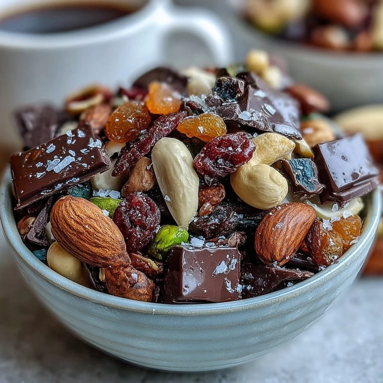 Crunchy nuts and chewy dried fruits mixed with rich dark chocolate chunks, an energizing trail mix for beach outings or hikes.
