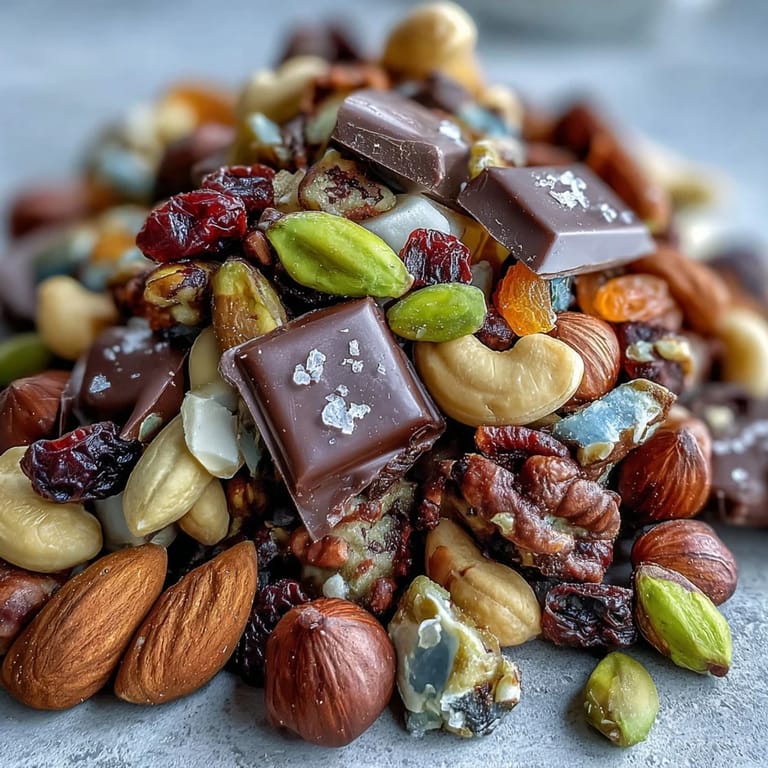 A close-up of homemade trail mix with dark chocolate, featuring roasted nuts, pumpkin seeds, and sweet dried apricots in a rustic bowl.