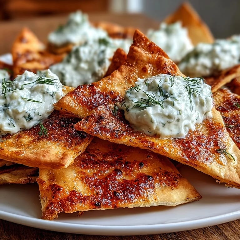Fresh homemade pita chips seasoned with sea salt and paprika, served with tangy tzatziki sauce.