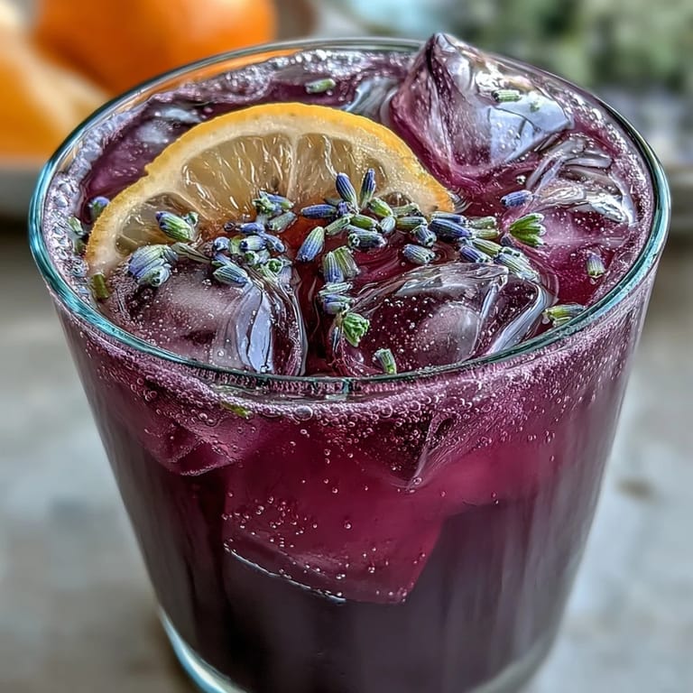 Elegant Purple Rain Lavender Lemonade Refresher served over ice with lemon wedges and lavender sprigs, perfect for summer gatherings.
