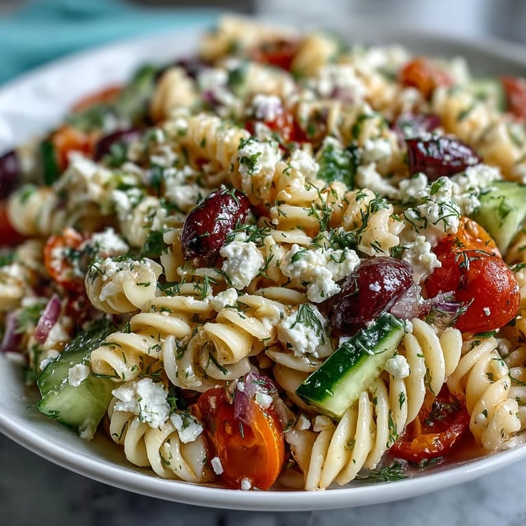 Refreshing Greek-style pasta salad with al dente noodles, briny olives, and fresh herbs, ideal for warm-weather meals.