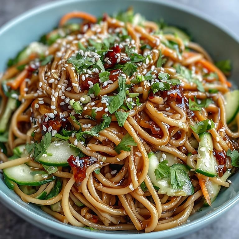Flavorful Cold Sesame Noodle Bowl with Cucumber, drizzled in rich sesame sauce, garnished with sesame seeds and chili for a zesty kick.