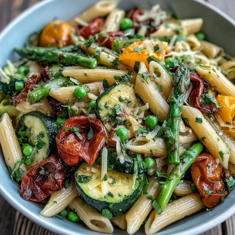Colorful plate of Spring Pasta Primavera featuring crisp asparagus, zucchini, and cherry tomatoes tossed in a fragrant olive oil and herb sauce.