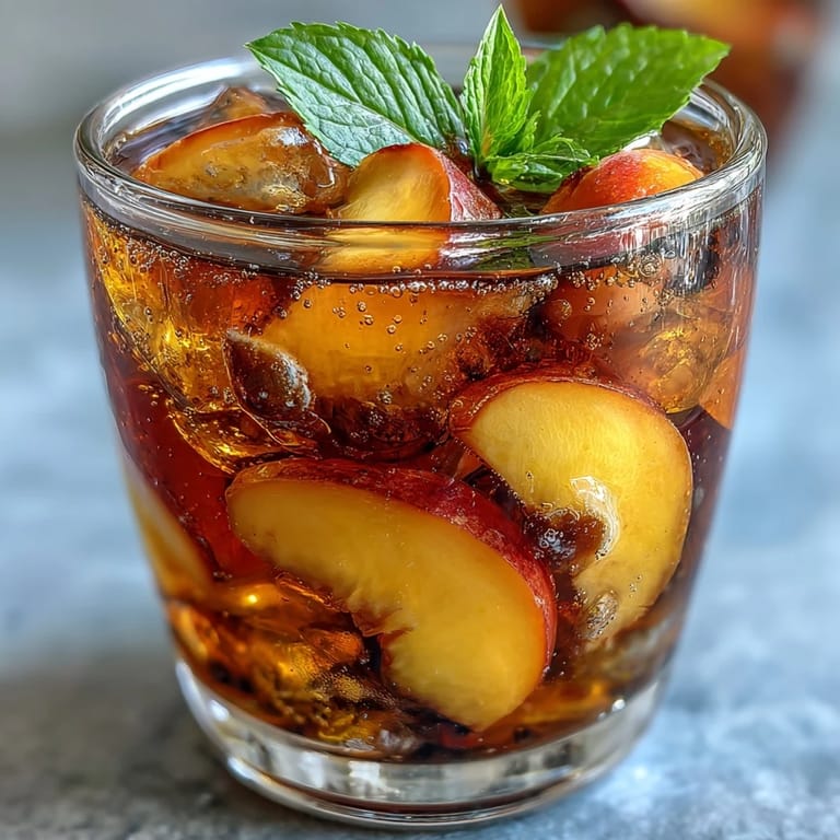 Mango peach iced tea with juicy fruit puree, served over ice and topped with sparkling bubbles for a refreshing twist.