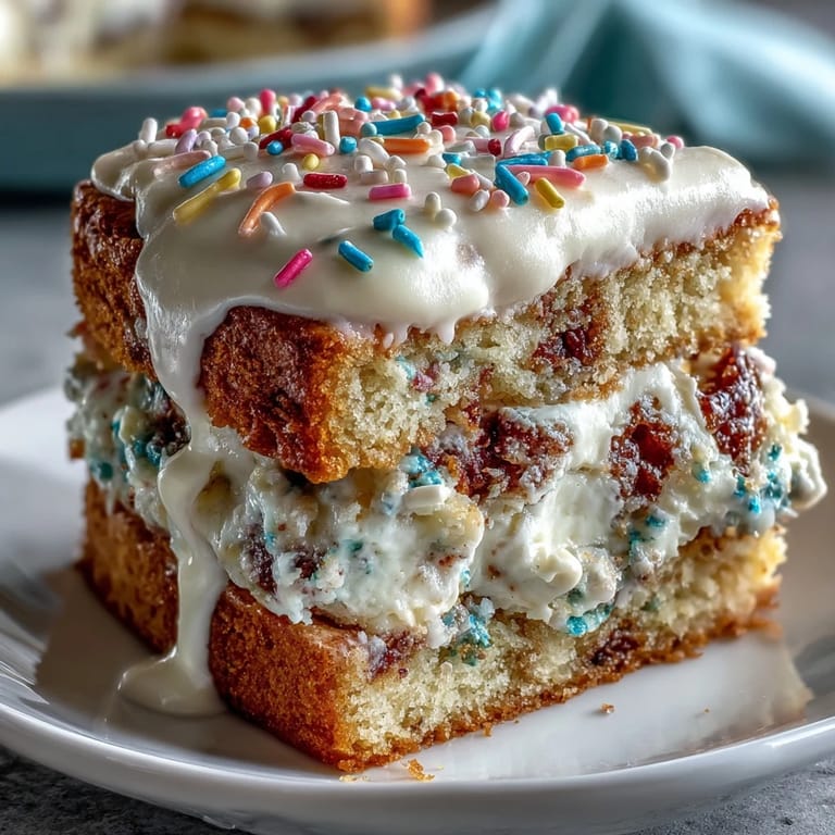 Enjoy a slice of this easy Spring Birthday Party Funfetti Dip Cake, perfect for celebrations.