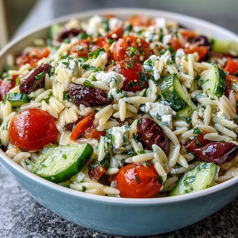 A vibrant Summer Orzo Salad with Lemon and Feta, bursting with flavors.