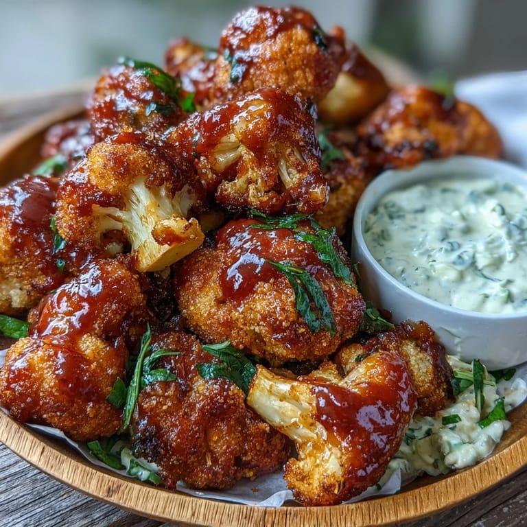 Oven-baked Vegan BBQ Cauliflower Wings look delicious with ranch dip.