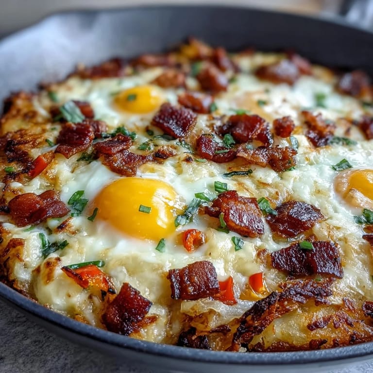 Savory Loaded Hash Brown Skillet with golden crispy potatoes and runny eggs.