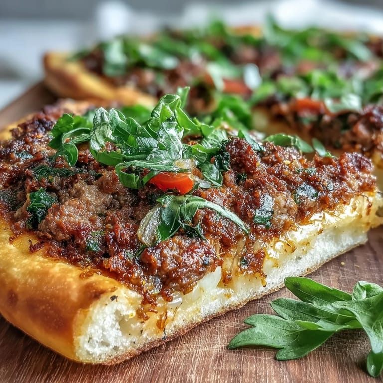 Thin Turkish Lahmacun Pizza, loaded with seasoned lamb, perfect for dinner.